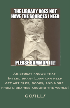 Photo a cat wearing a suit. Aristocat knows that ILL can help get articles, books, and more!