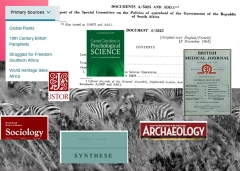 Collage of images from JSTOR, including zebras in Kenya, document from South Africa, and images of several journals