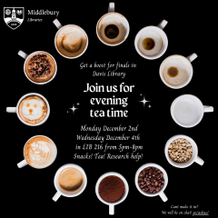 Circle of coffee and tea mugs surrounding text about librarian tea time