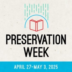 Preservation week logo, a book protected by a semicircle