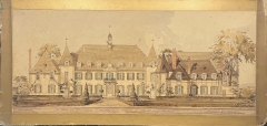 watercolor depicting the Chateau with gold border