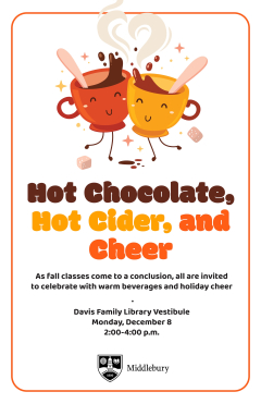 a red mug and a yellow mug with smiling faces joined in a toast with the text "hot chocolate, hot cider, and cheer" in brown, yellow, and red text