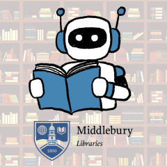 image of a robot reading a book and the Middlebury Libraries logo