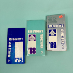 covers of 1975, 1988, and 1989 "Bob Damron's Address Book" on teal background