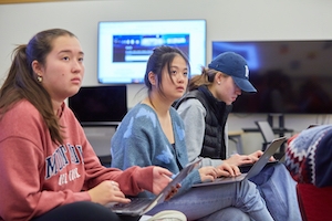 students using laptops and looking at a demonstration