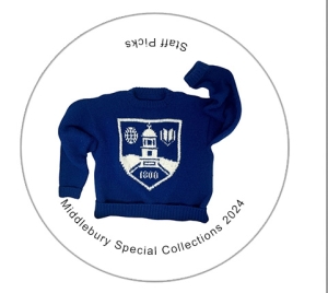 blue sweater with Middlebury crest knitted on front