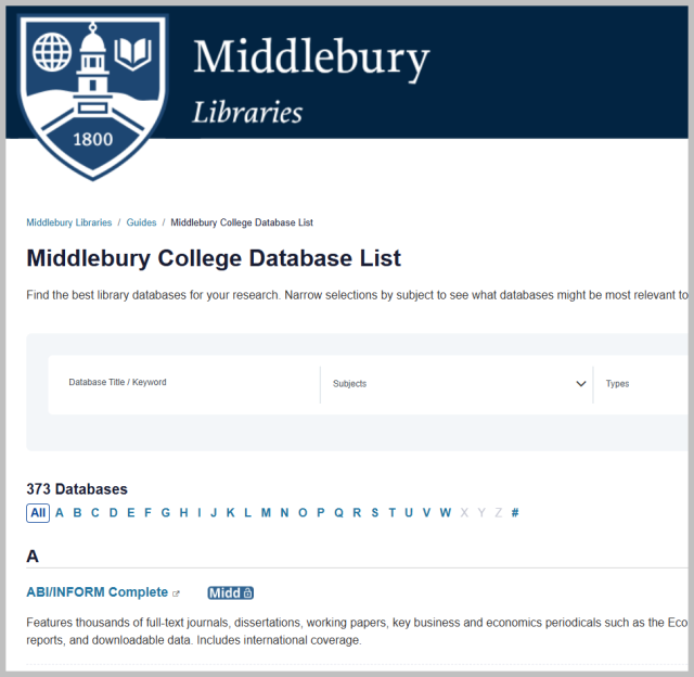 Database list gets a facelift Middlebury Libraries