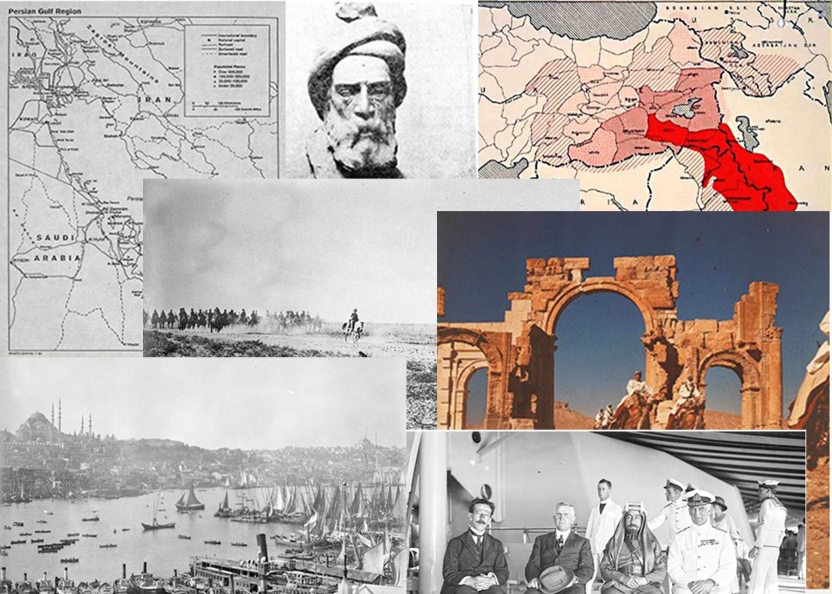Montage of images including maps of the region, Bedouins near Palmyra, cavalry forces, Constantinople harbor, Bedouins near Palmyra, dignitaries, Persian poet Ferdosi