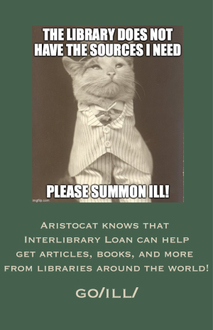 Photo a cat wearing a suit. Aristocat knows that ILL can help get articles, books, and more!