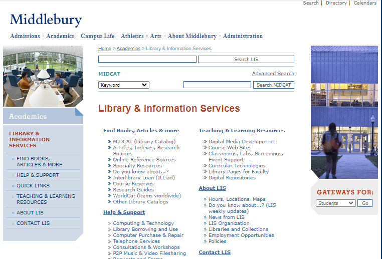 screenshot of the library website from 2008