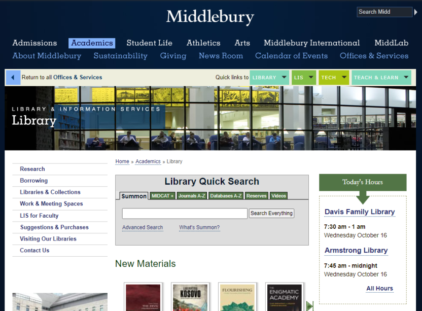 screen shot of the library website from 2013
