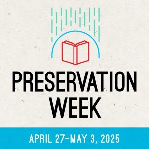 Preservation week logo, a book protected by a semicircle