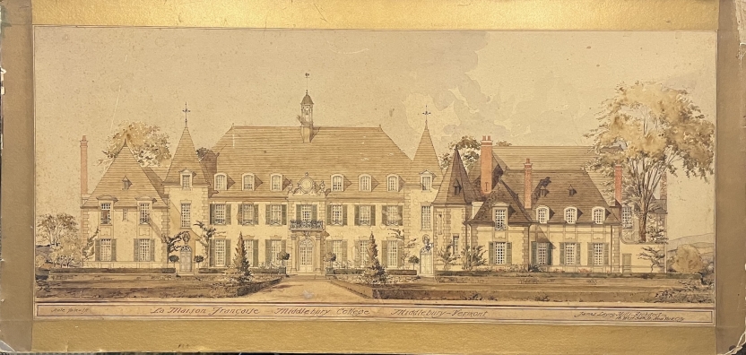 watercolor depicting the Chateau with gold border