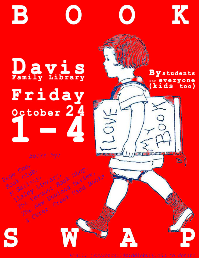 Red poster with child holding large book