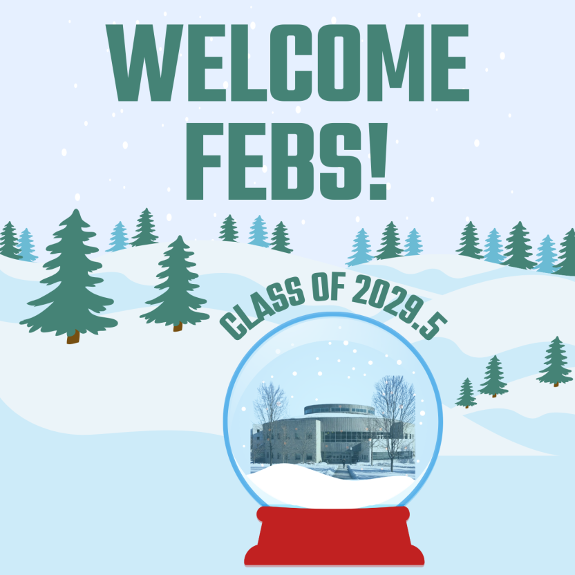 snowy scene with snow globe containing image of Davis Library and text "Welcome Febs"