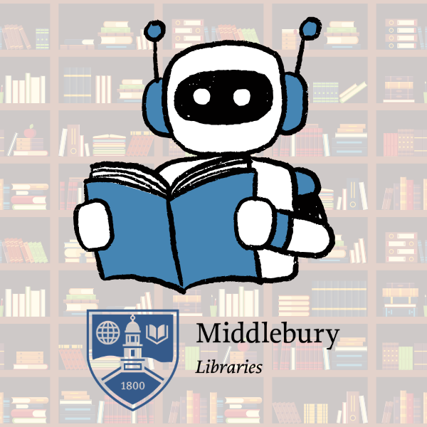 image of a robot reading a book and the Middlebury Libraries logo