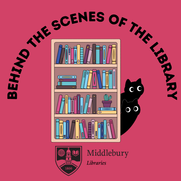 image of bookshelf with two black cats peeking out from behind and Middlebury Libraries logo