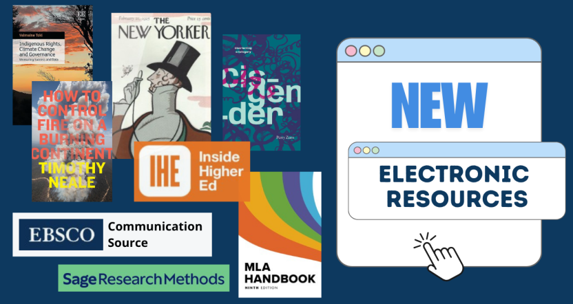 Collage of images representing new resources, with text "New Electronic Resources"