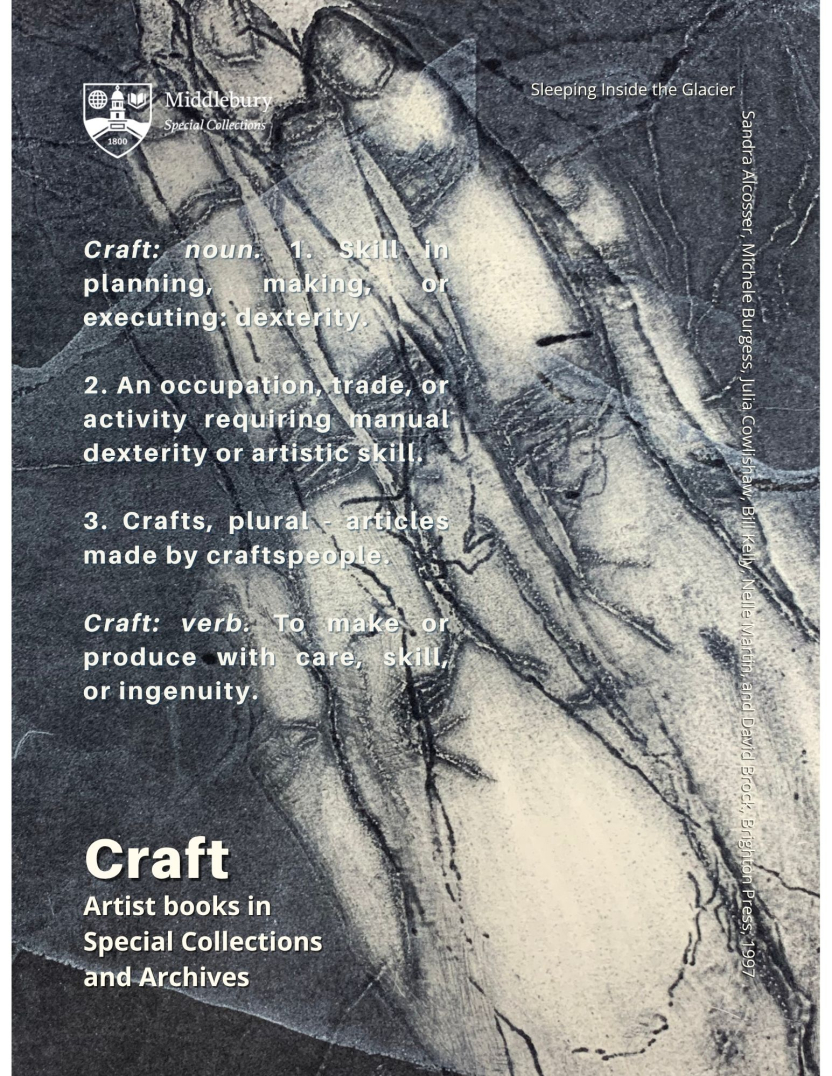 Black-and-white poster titled “Craft,” featuring definitions of craft over a textured image, with Middlebury Special Collections branding and publication credits.