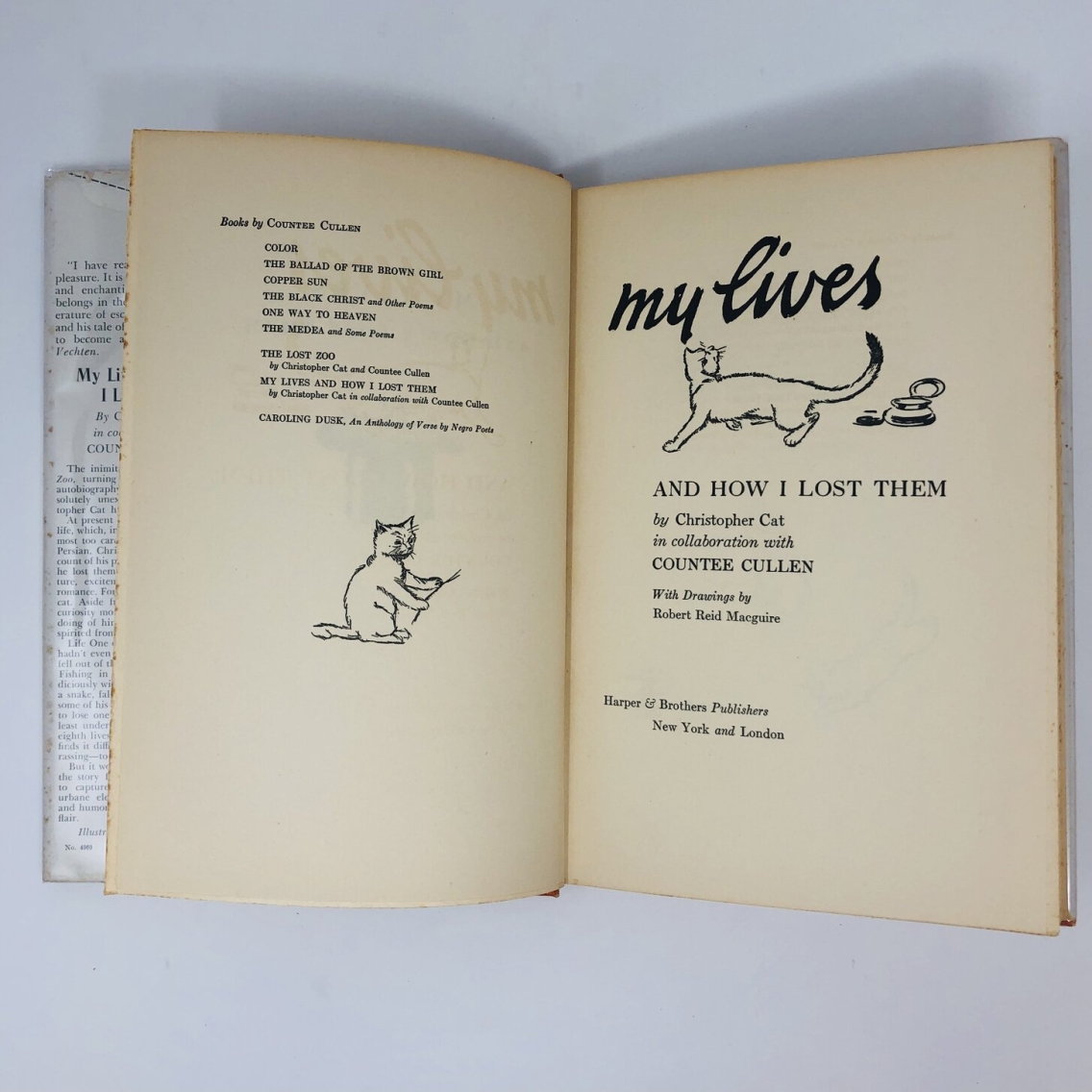 Title page of My Lives and How I Lost Them by Countee Cullen. The pages feature two illustrations of cats.