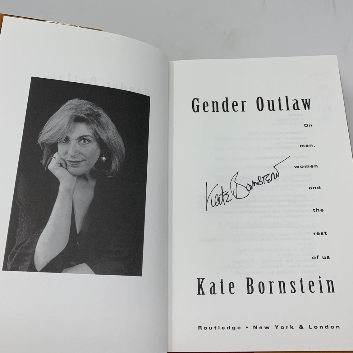 Signed title page of Gender Outlaw by Kate Bornstein