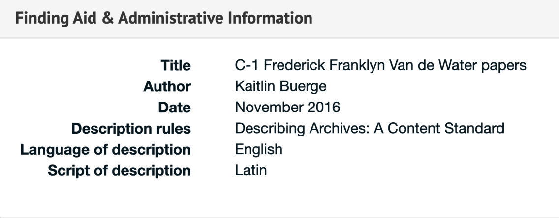 screenshot from ArchivesSpace finding aid listing Kaitlin Buerge as finding aid author