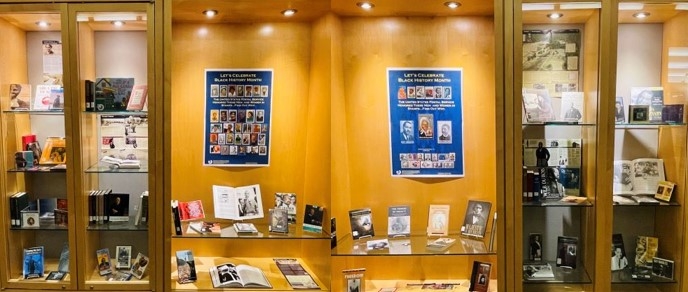book display cases on the upper level