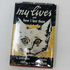 Cover of My Lives and How I Lost Them by Countee Cullen. The book cover features the face of white cat with large, yellow eyes.