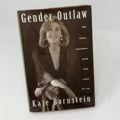 Cover of Gender Outlaw by Kate Bornstein. The cover features Bornstein seated and smiling. 
