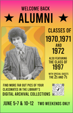 Color poster resembling a vintage concert poster featuring an image of a young man in 70s-style hair and clothing