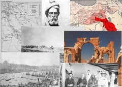 Montage of images including maps of the region, Bedouins near Palmyra, cavalry forces, Constantinople harbor, Bedouins near Palmyra, dignitaries, Persian poet Ferdosi 