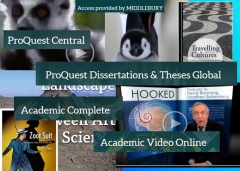 Collage of images from ProQuest One, including book covers of Travelling through Cultures, Zoot Suit, and Landscape Archaeology; videos with lemurs, penguins, and 60 minutes
