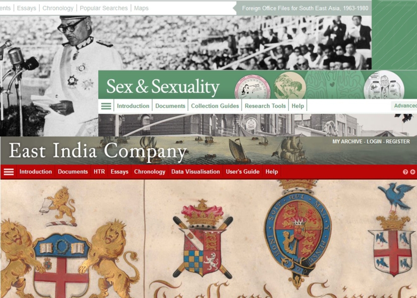 Composite image showing headers for East India Company, Sex and Sexuality, and the Foreign Office Files for South East Asia