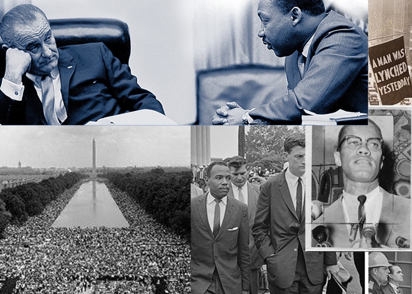 Montage of images including LBJ and MLK; flag outside NAACP New York office that reads, "A man was lynched yesterday"; Malcolm X; George Wallace at the door of a school; James Meredith at Ole Miss; March on Washington