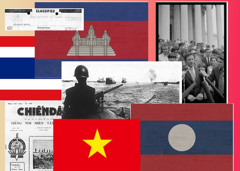 Montage of images, including flags of Vietnam, Laos, Cambodia, Thailand, American soldier on the Mekong river, Vietnamese newspaper, announcement of the Supreme Court's Pentagon Papers decision, and the header of a document indicating it has been unclassified.