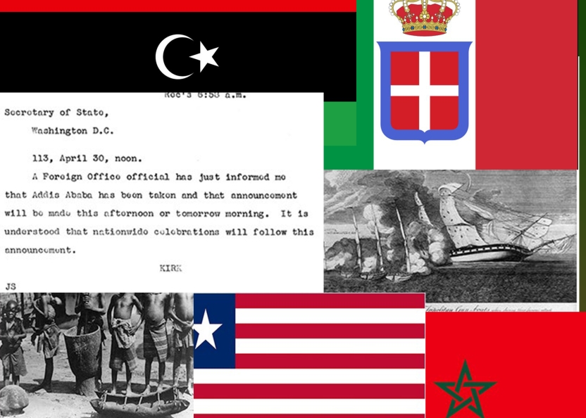 montage of images including flags of Morocco, Liberia, Libya, and Italian East Africa