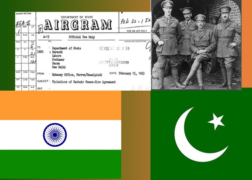 Montage of images - telegram to US Sec'y of State about cease-fire violation, Second Leicesters soldiers, flags of India and Pakistan