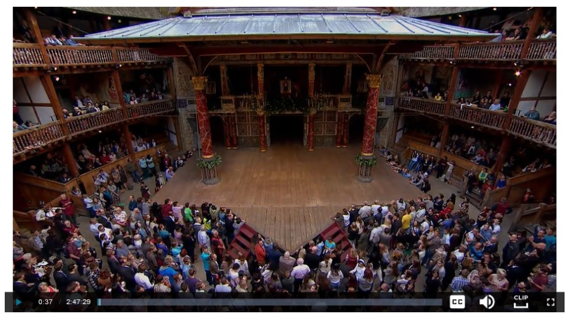 Screenshot of video showing stage and audience of Globe Theatre