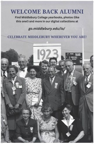 Welcome back alumni poster featuring a photo of the Middlebury class of 1923 at their 25th reunion