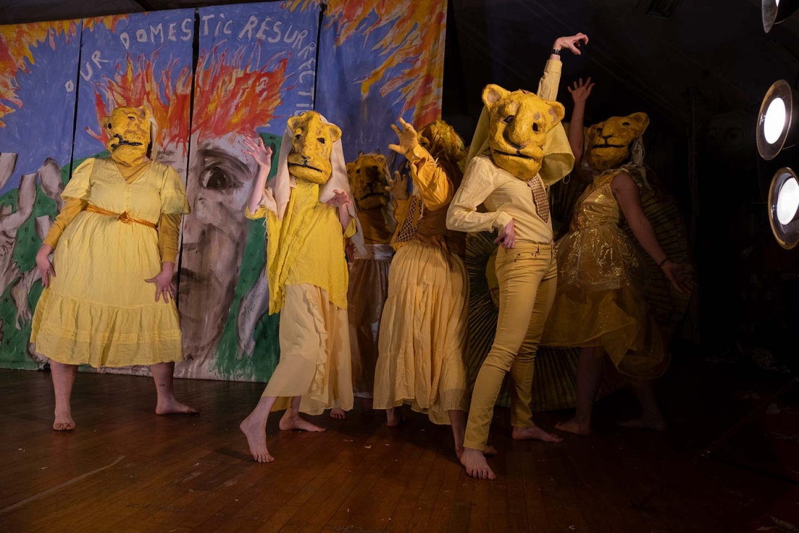 Bread and Puppet Theater perform a scene from their Apocalypse Defiance Circus in Saxophone, NC, 2022