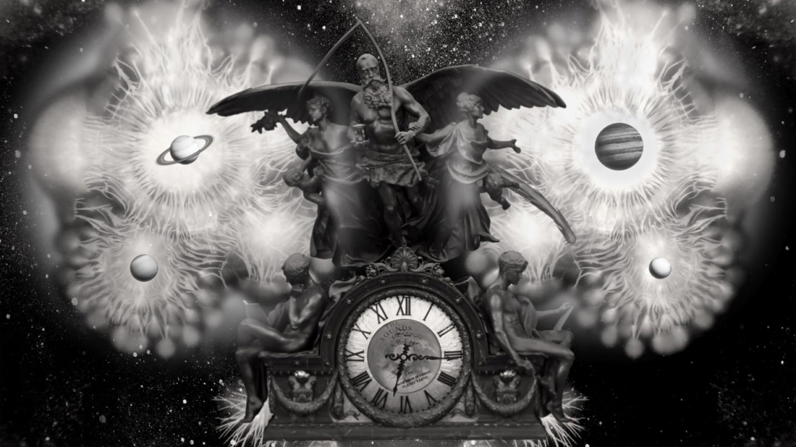 fantastical dream image of planets, clouds, and a vintage clock