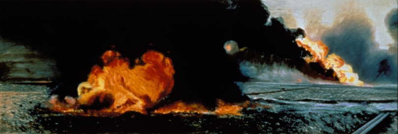 painting depicting oil fires on water