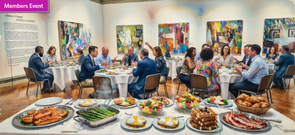watercolor rendering of people dining at brunch in an art gallery