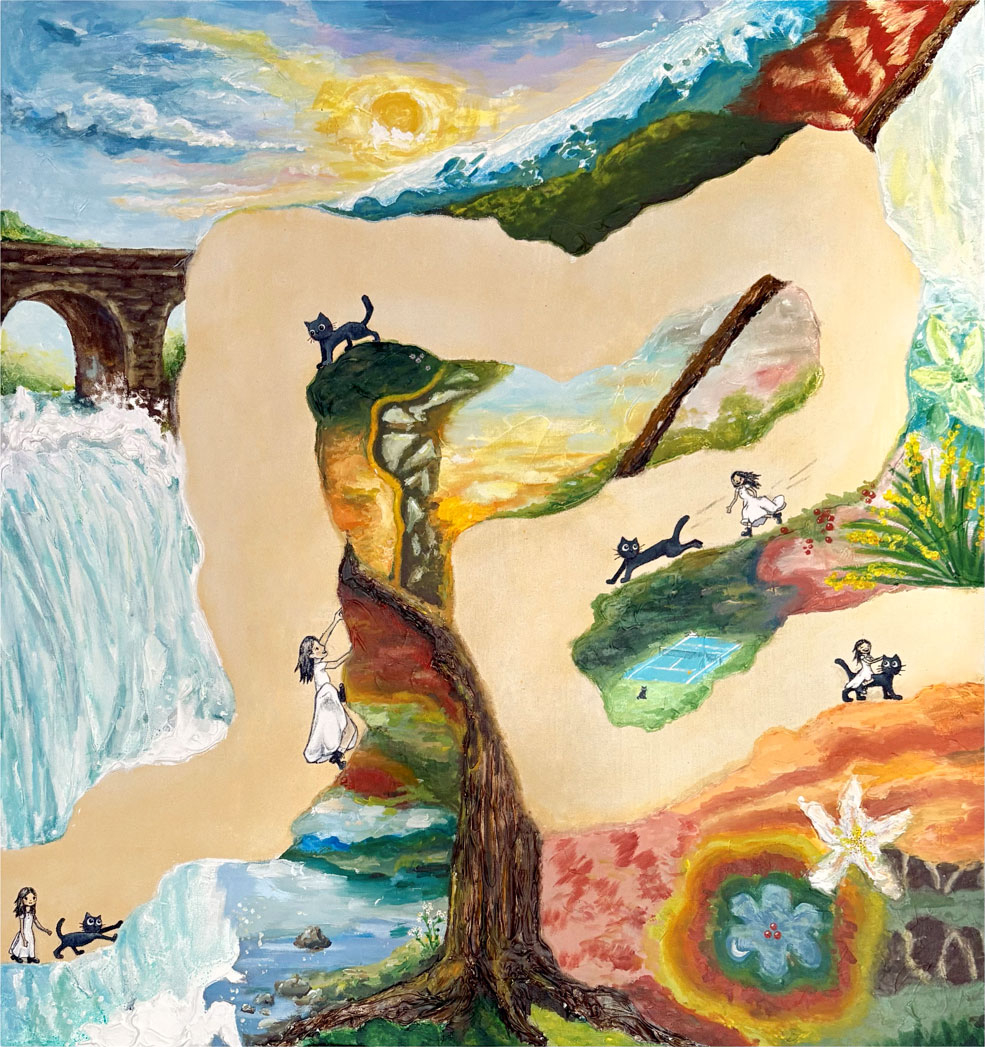 a fantastical landscape with figures on a path near a waterfall