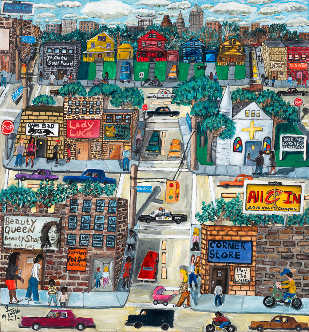 a colorful city block with bright billboards, signs, lights, and cars