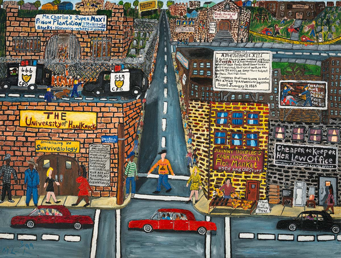colorful painting depicting several city blocks in Cleveland