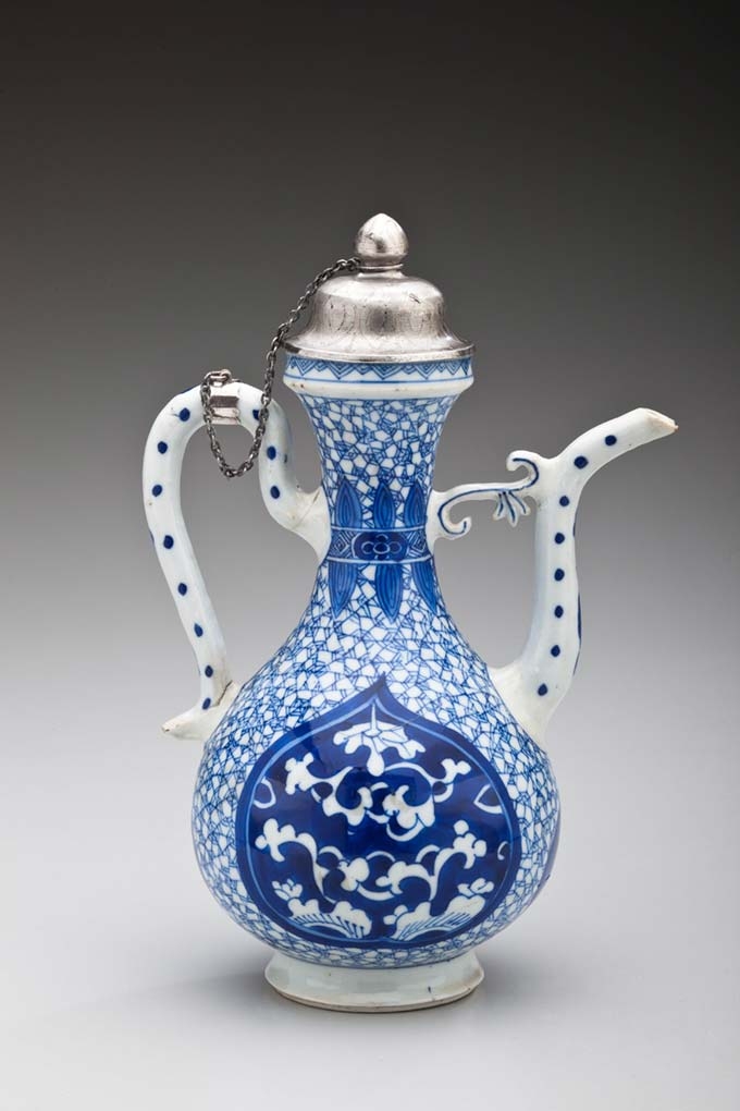 Ewer Imitating a Middle Eastern Metal Form with Lotus Motifs and Silver Tiffany Lid