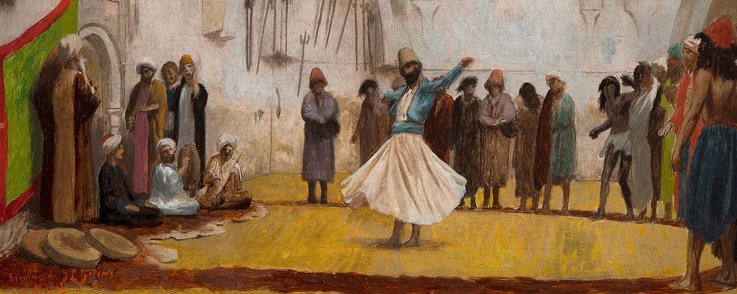 a dervish whirls surrounded by onlookers
