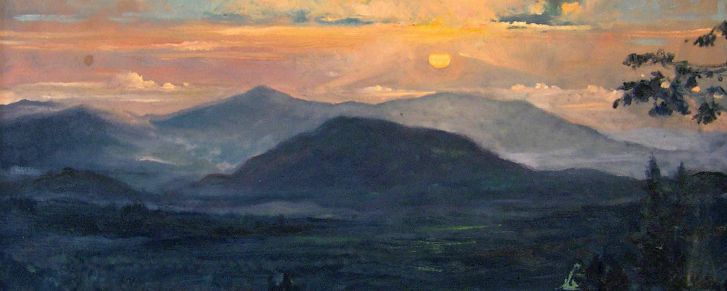 painting of mountains in the distance with the sun setting behind them
