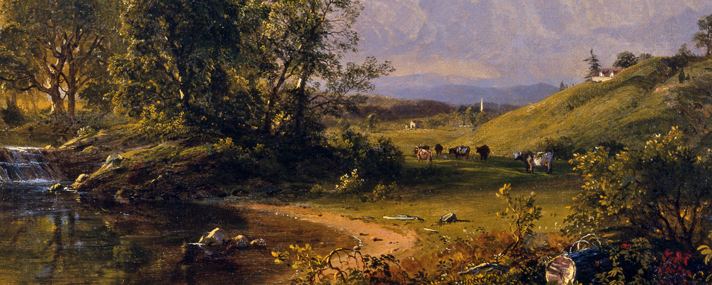 a verdant pastoral Vermont summer scene with cows, a river, and mountains